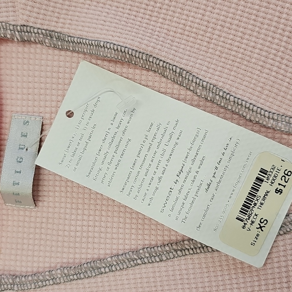Vtg Y2K Fitigues Light Pink, Long Sleeve Waffle Knit, V Neck, Hoodie, XS, NEW - Picture 5 of 9